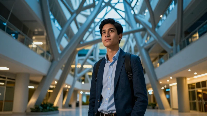 Joven mexicano en campus moderno de ingeniería
