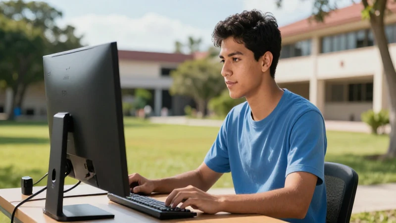Estudiante mexicano productivo en campus moderno