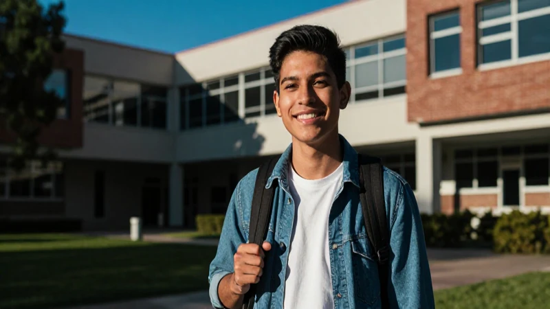 Joven universitario sonriente en campus moderno