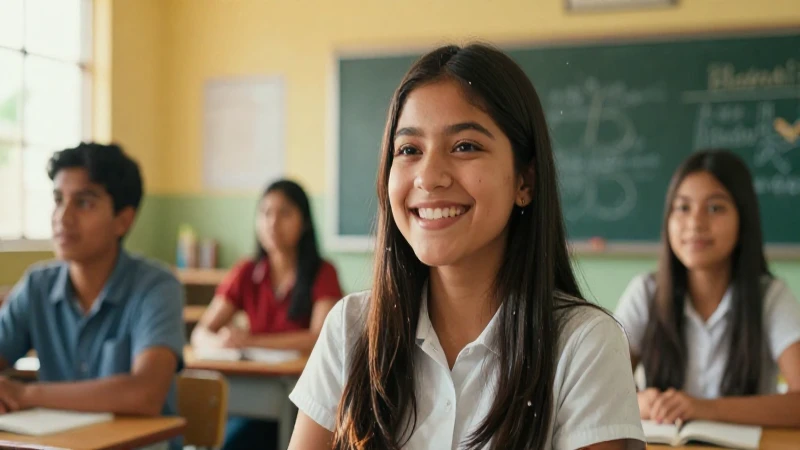 Joven mexicano sonriente en aula moderna