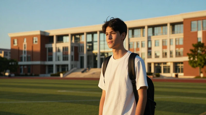 Estudiante en campus moderno con luz dorada