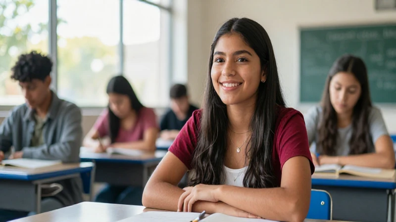 Estudiante mexicano sonriente en aula moderna