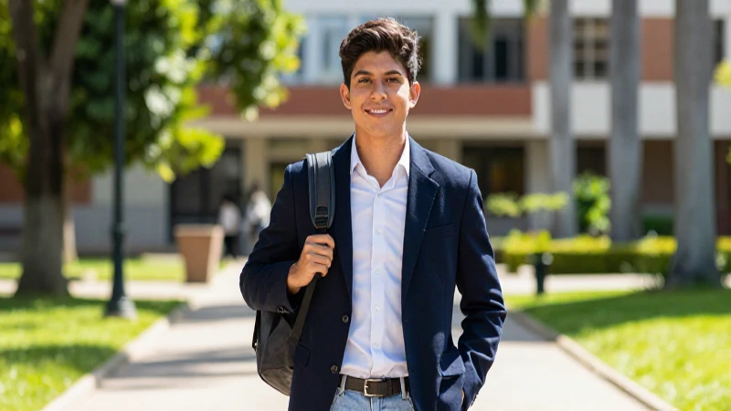 Joven mexicano en campus universitario vibrante y soleado