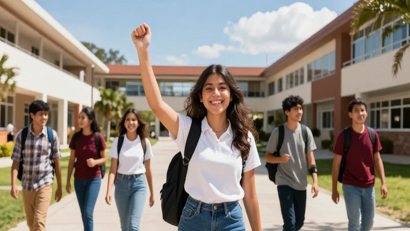 Estudiante mexicano en campus moderno y brillante