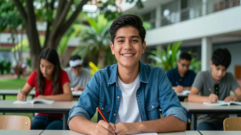 Estudiante mexicano sonriente en aula moderna