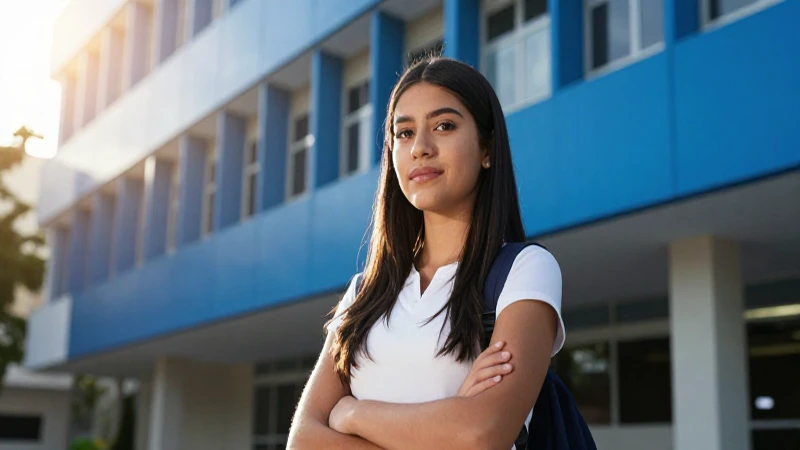 Estudiante mexicana confiada en moderno edificio universitario