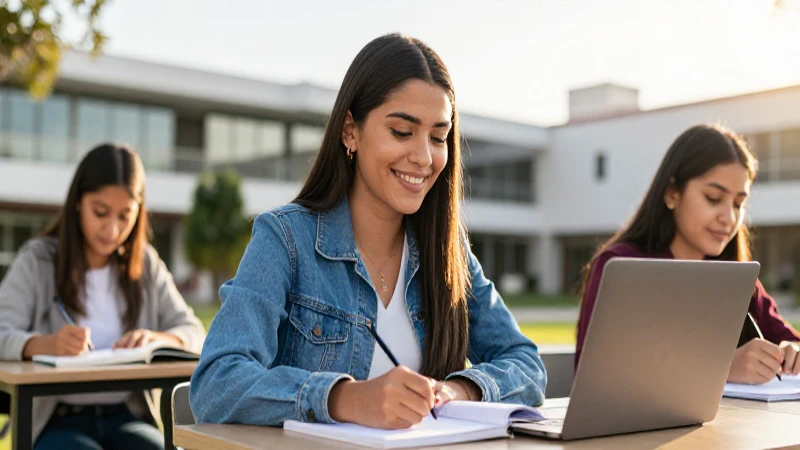 Estudiante mexicana sonríendo con estudio en campus vibrante