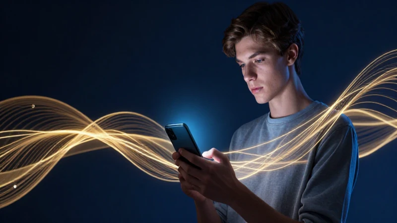 Joven concentrado en smartphone con estética corporativa