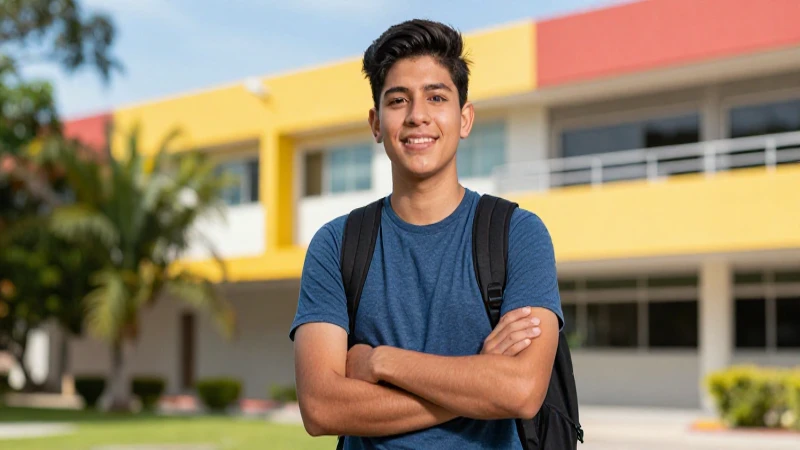 Estudiante mexicano exitoso en campus moderno