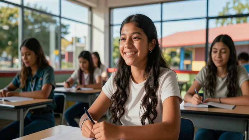 Estudiante mexicano feliz en aula moderna y luminosa