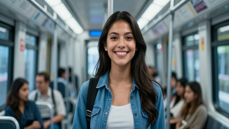 Estudiante mexicano sonriendo en tránsito urbano moderno