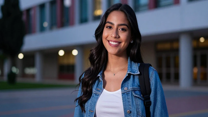 Estudiante mexicana sonríen en campus moderno