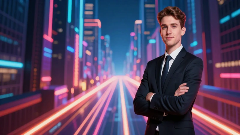 Joven profesional sobre un camino de oportunidad vibrante