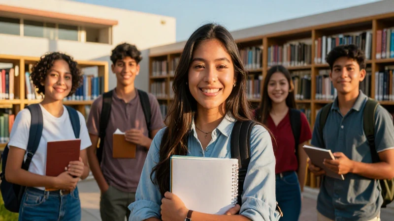 Estudiantes mexicanos universitarios exitosos en una librería moderna