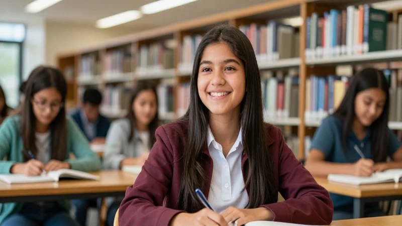 Estudiante mexicano motivado en una biblioteca vibrante