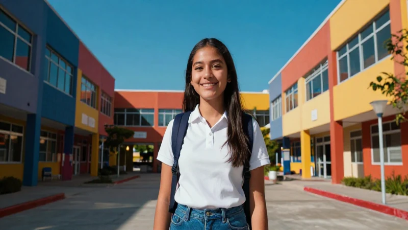 Estudiante mexicano exitoso en campus moderno