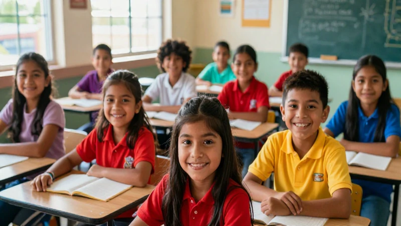 Niños mexicanos sonrientes en aula moderna