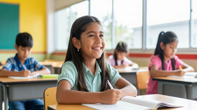 Niño alegre en aula moderna con luz natural
