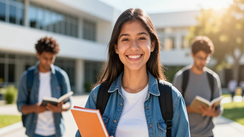 Estudiante mexicana sonriente en campus moderno
