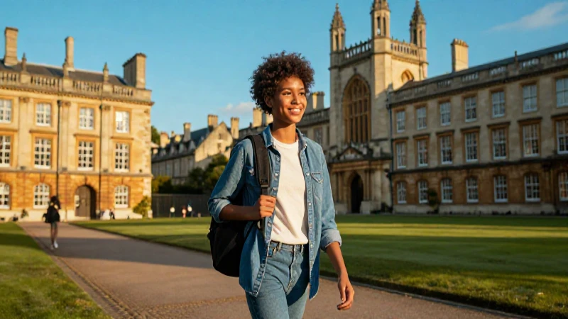 Joven sonriente camina por un campus europeo histórico