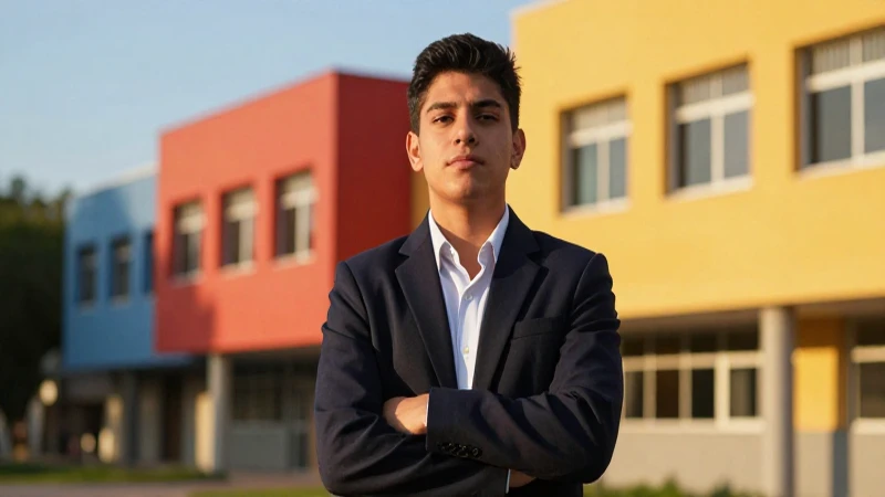 Joven estudiante mexicano exitoso en campus moderno