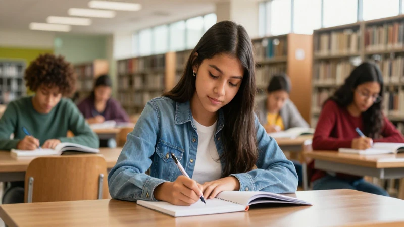 Estudiante mexicana escribe en biblioteca moderna con iluminación cinematográfica