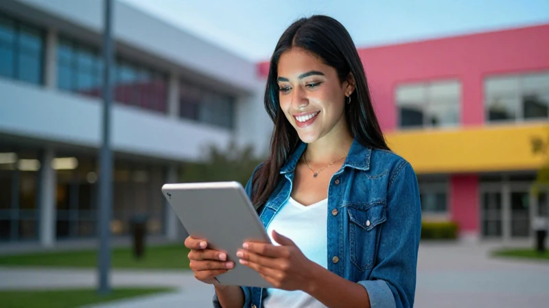 Estudiante mexicana sonriente interactúa con tablet