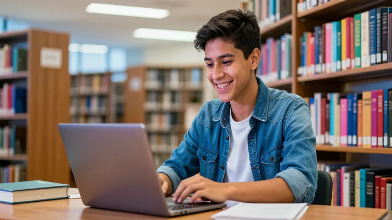 Estudiante mexicano feliz en moderna biblioteca