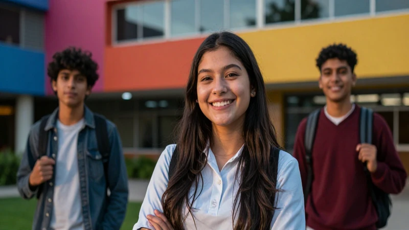 Estudiante mexicano sonríe en campus vibrante moderno