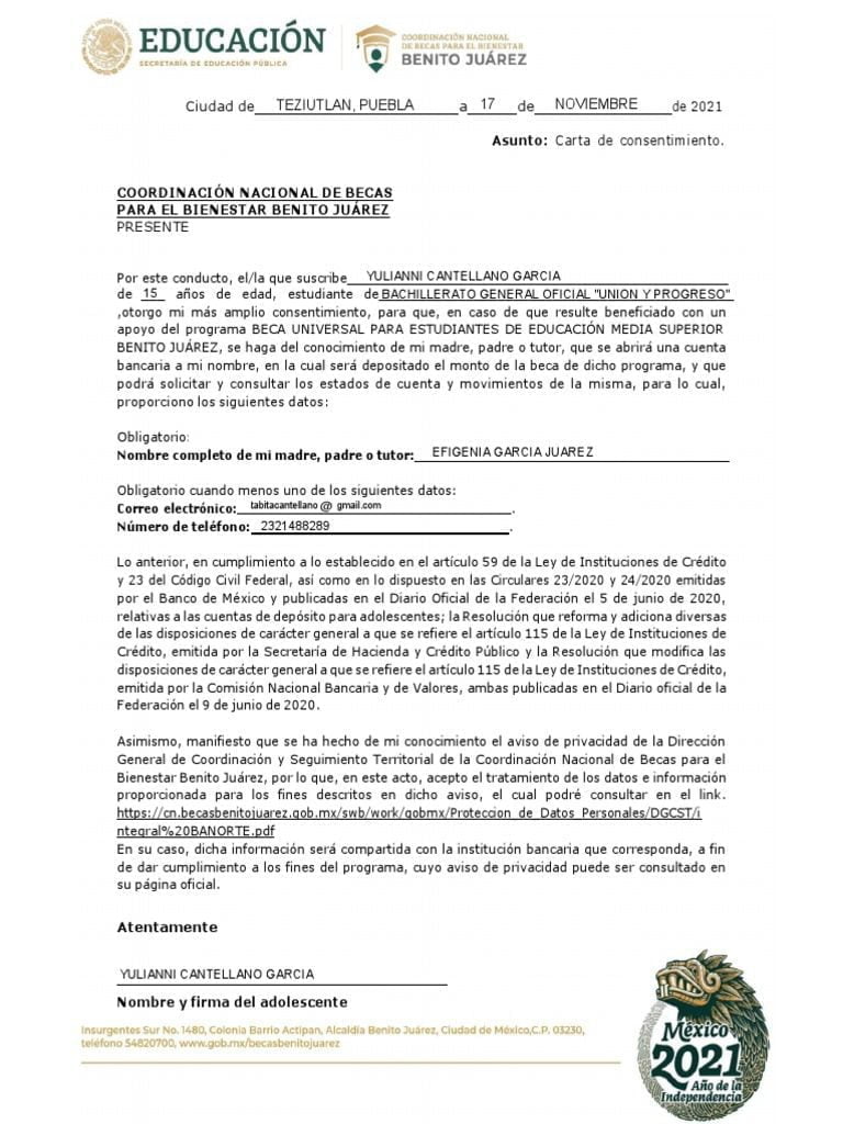 Guía para redactar carta de consentimiento para beca Benito Juárez