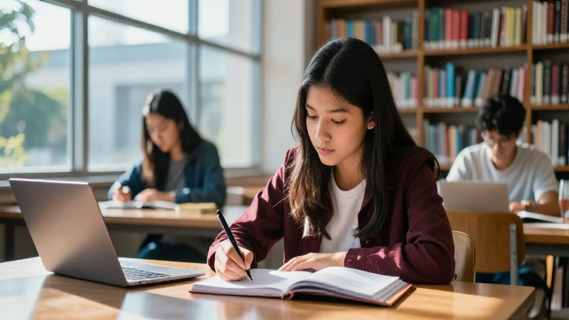 Joven estudiante mexicano en biblioteca moderna y luminosa