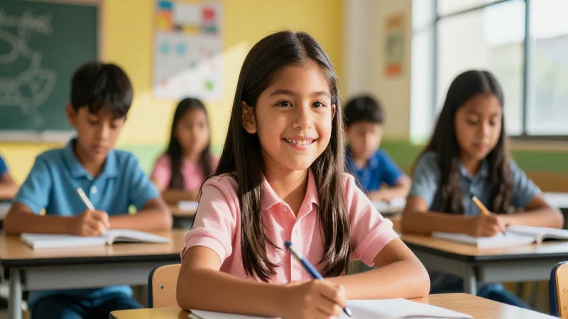 Estudiante mexicano sonriente en aula moderna vibrante