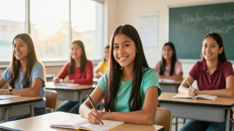 Estudiante mexicano sonriendo en aula moderna
