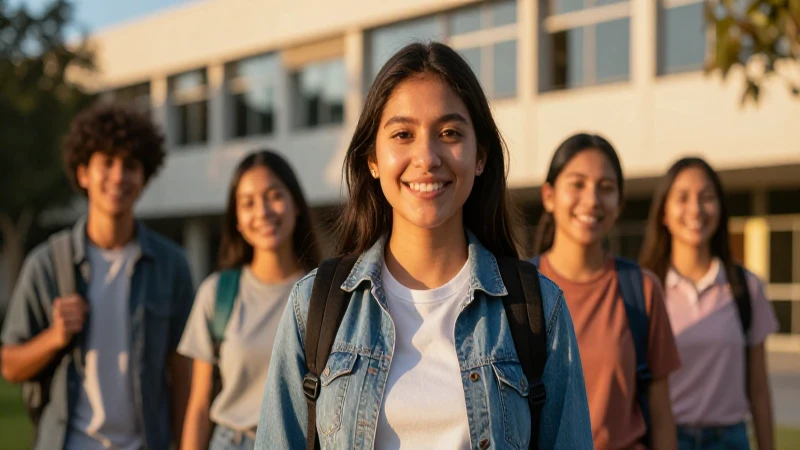 Estudiante sonriente en campus universitario con estilo