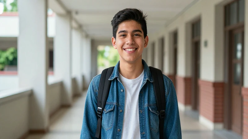 Estudiante mexicano sonriente en moderno pasillo