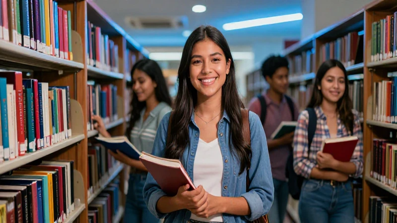 Estudiante mexicano sonríe en biblioteca universitaria moderna