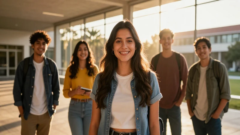 Joven mexicano sonríendo en campus con luz dorada