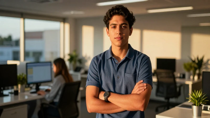 Joven mexicano confiado en oficina dorada