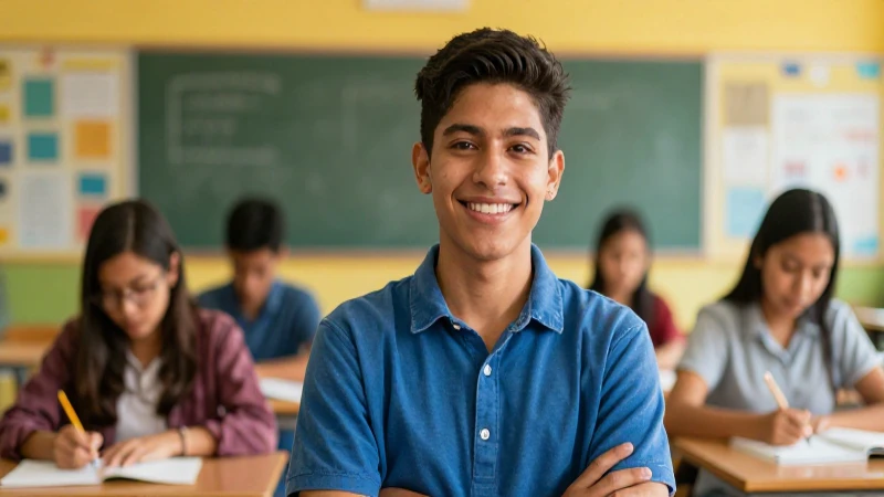 Estudiante sonriente en clase vibrante al atardecer