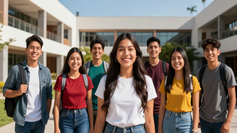 Estudiantes mexicanos sonriendo en campus universitario moderno