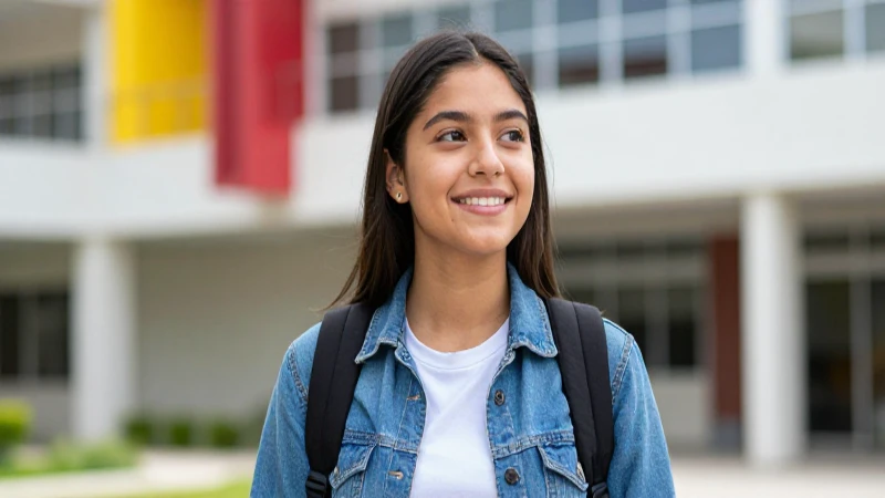 Estudiante mexicano optimista en campus moderno vibrante