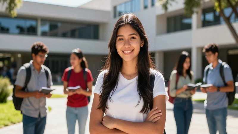 Estudiante mexicano exitoso en campus soleado