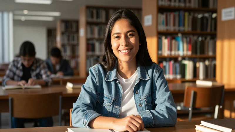 Estudiante mexicana sonriendo en moderna biblioteca