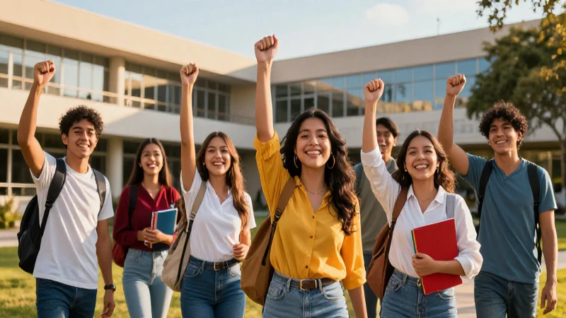 Estudiantes mexicanos celebrando en su campus con éxito