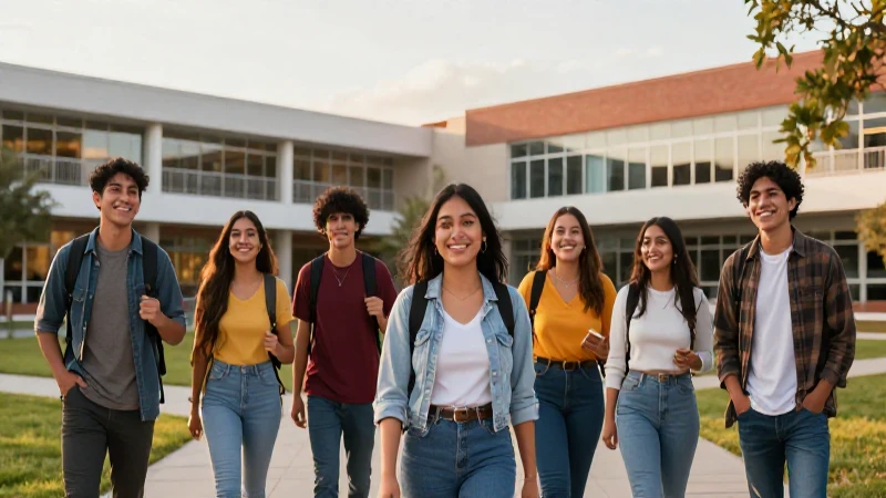 Jóvenes mexicanos sonriendo en campus moderno y vibrante