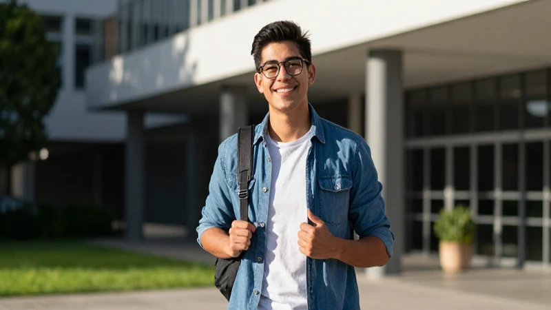 Estudiante mexicano sonriente en campus moderno