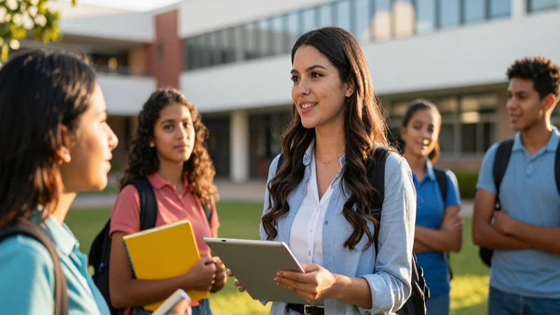 Mentor mexicano guía a estudiante en campus moderno