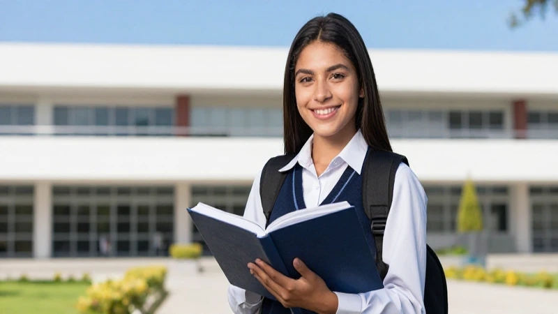 Estudiante mexicano sonriendo en campus moderno