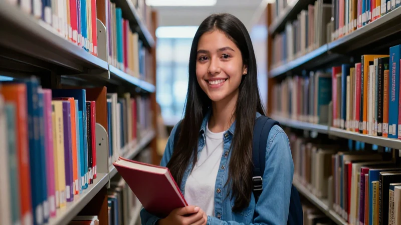 Estudiante mexicana sonriente en campus moderno