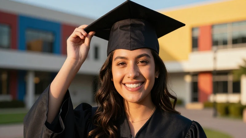 Estudiante mexicana sonriente triunfa en campus moderno al atardecer